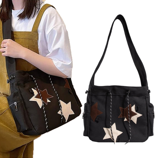 Y2K Star Canvas Messenger Bag Shoulder Travel Crossbody Bag for Women Black