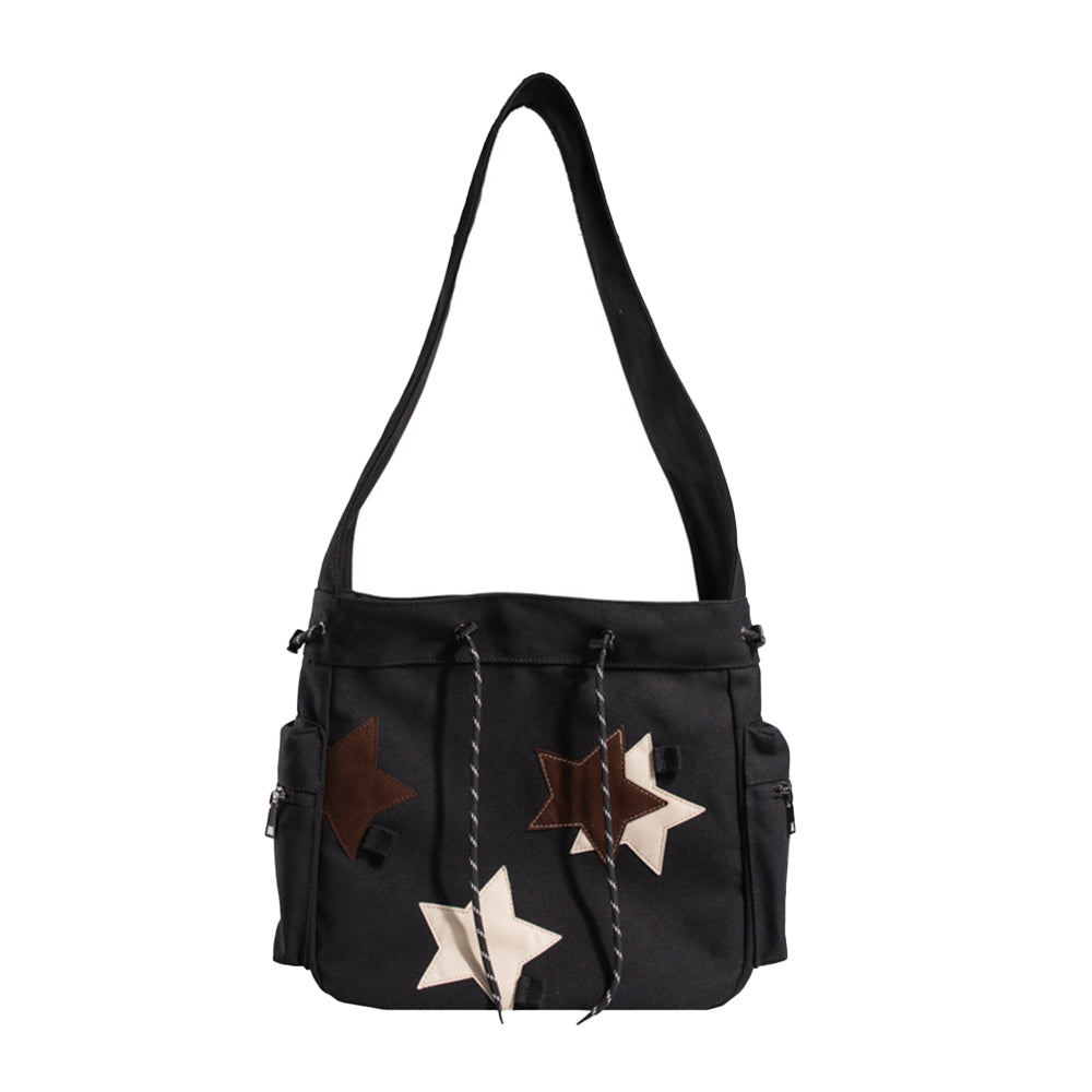 Y2K Star Canvas Messenger Bag Shoulder Travel Crossbody Bag for Women Black