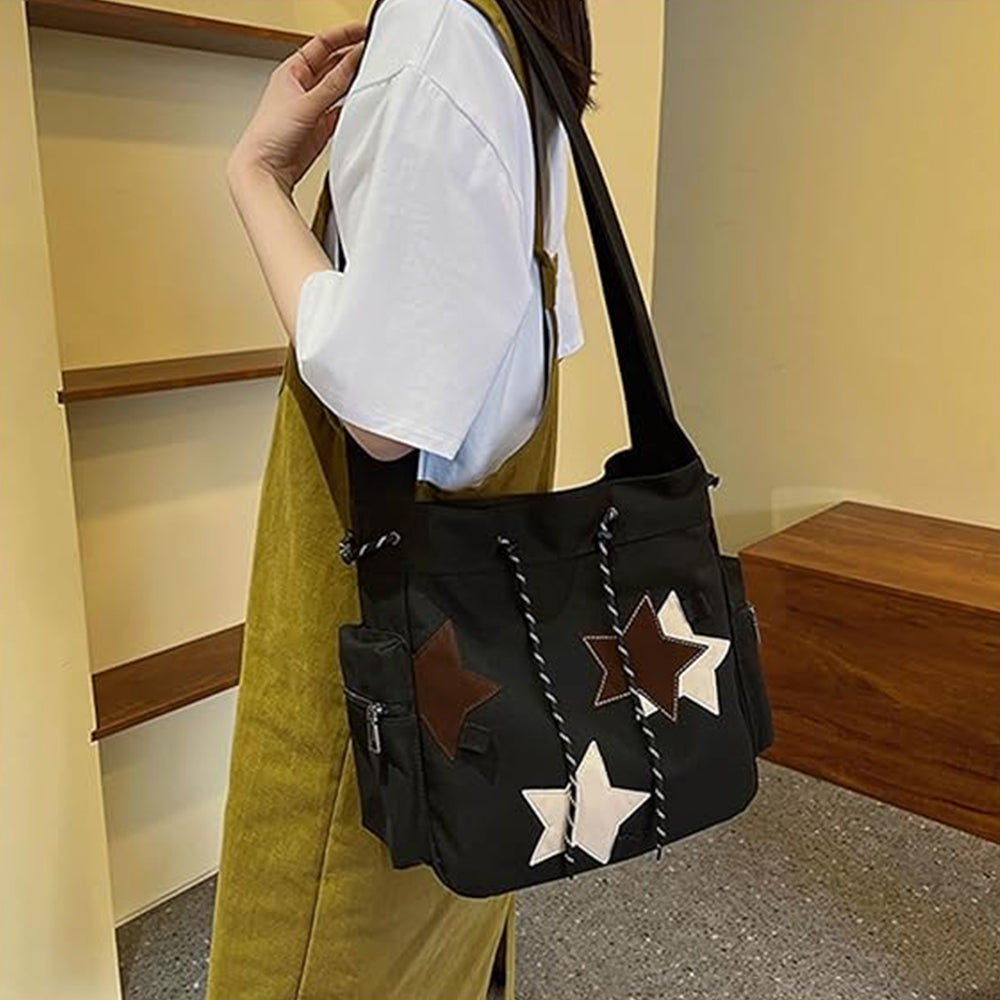 Y2K Star Canvas Messenger Bag Shoulder Travel Crossbody Bag for Women Black