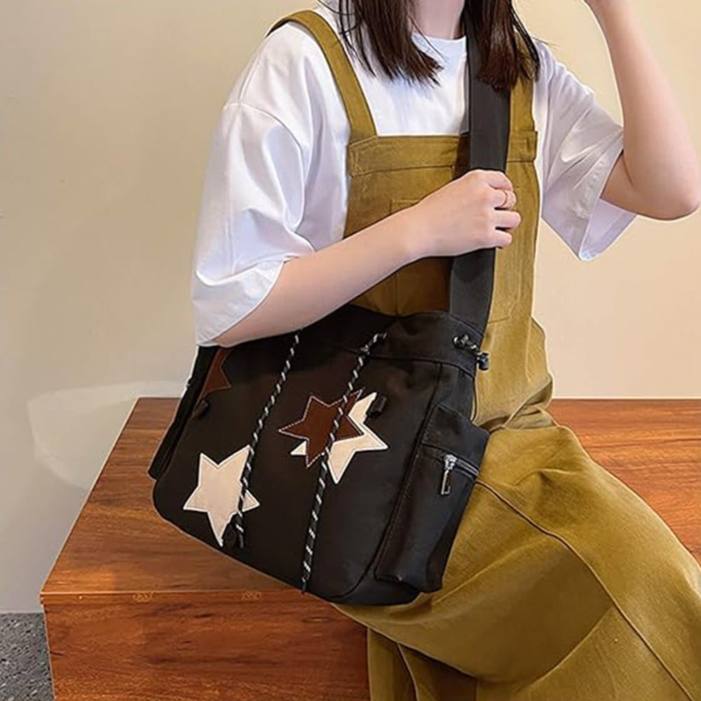 Y2K Star Canvas Messenger Bag Shoulder Travel Crossbody Bag for Women Black