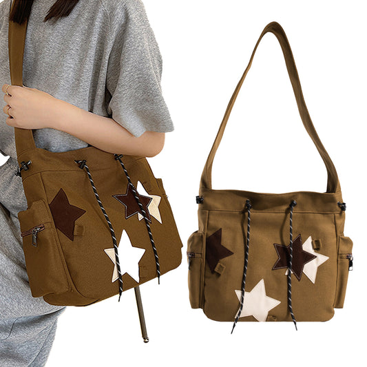 Y2K Star Canvas Messenger Bag Shoulder Travel Crossbody Bag for Women Brown