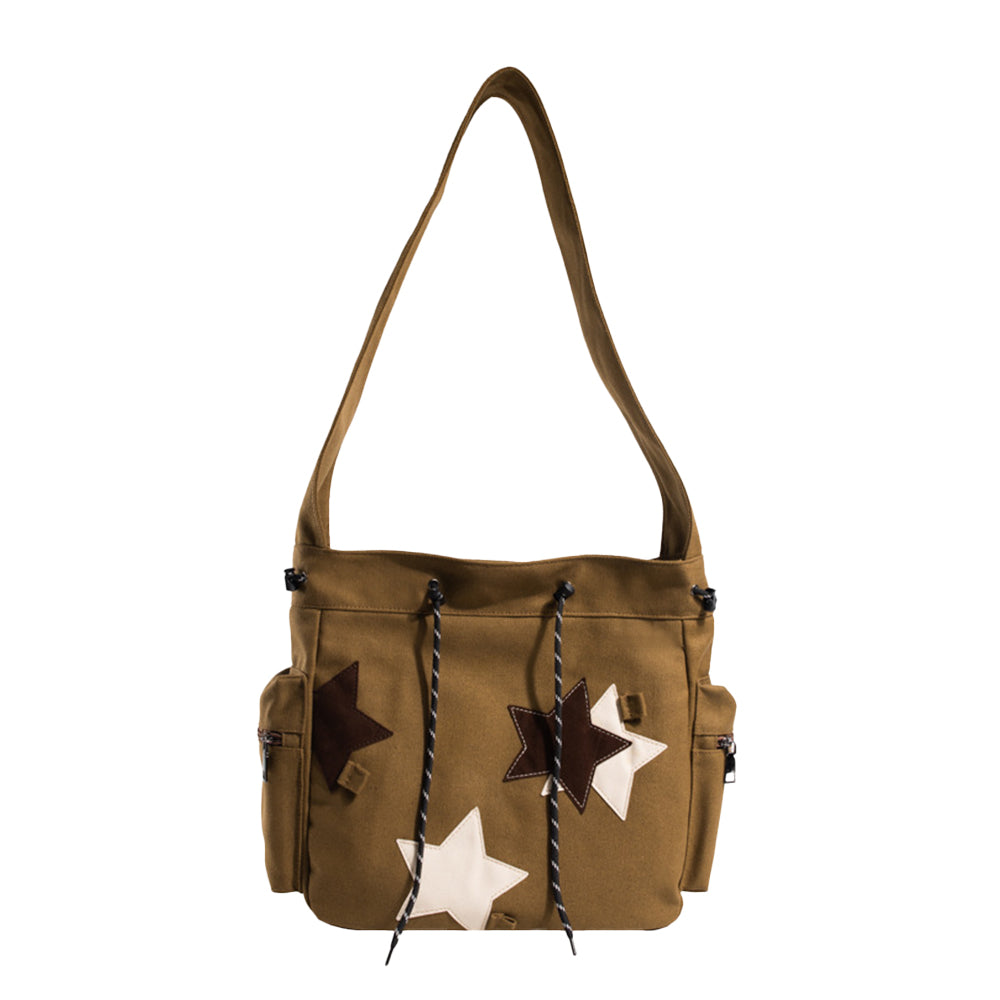 Y2K Star Canvas Messenger Bag Shoulder Travel Crossbody Bag for Women Brown