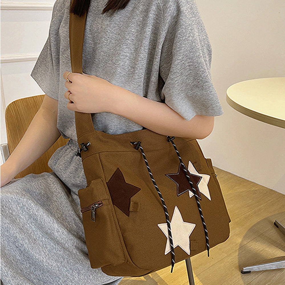 Y2K Star Canvas Messenger Bag Shoulder Travel Crossbody Bag for Women Brown