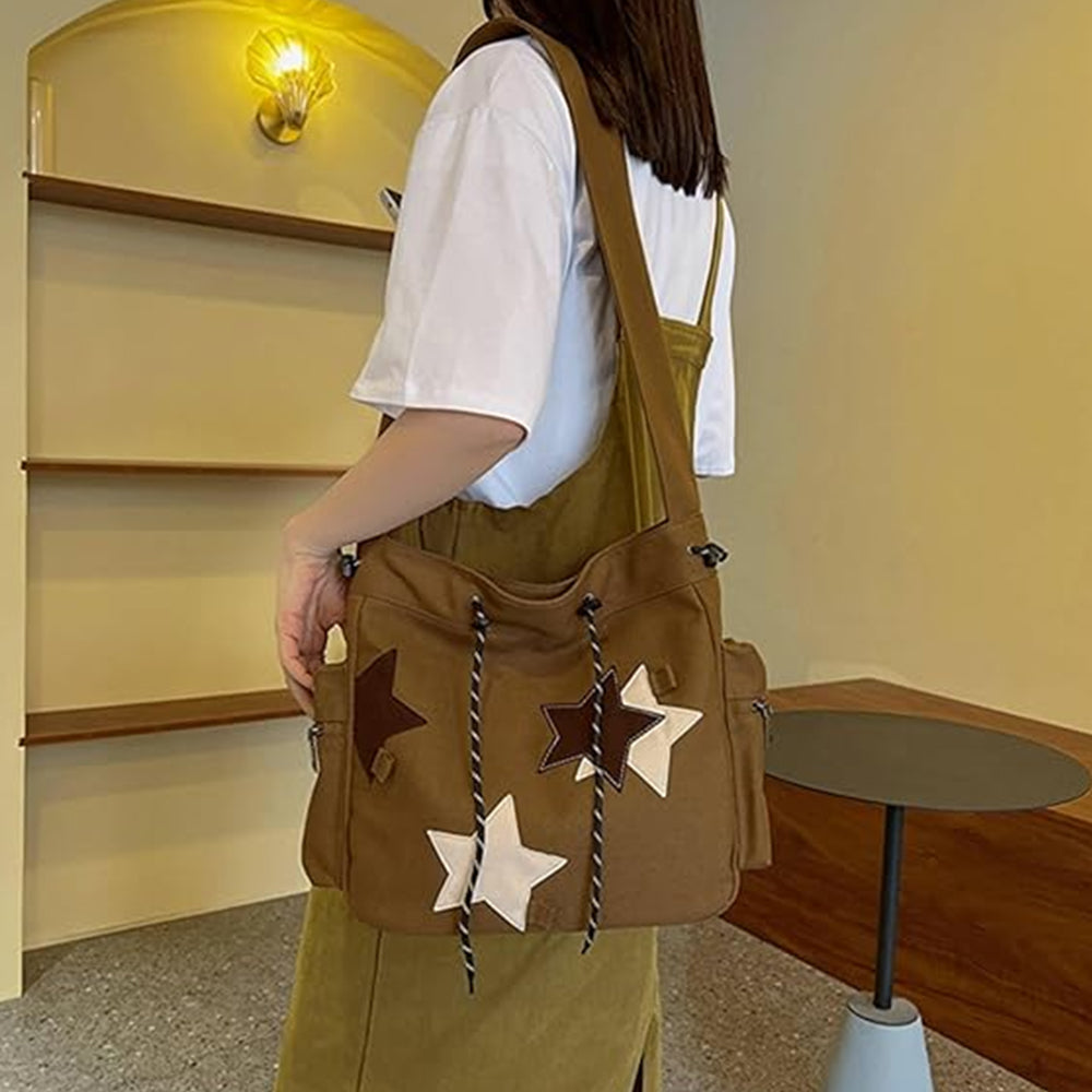 Y2K Star Canvas Messenger Bag Shoulder Travel Crossbody Bag for Women Brown