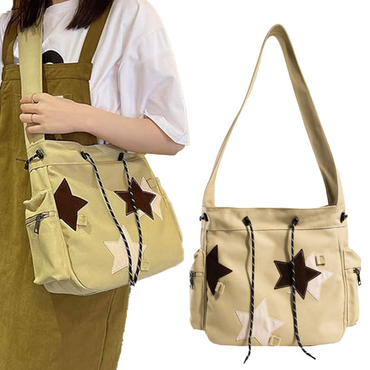 Y2K Star Canvas Messenger Bag Shoulder Travel Crossbody Bag for Women Khaki