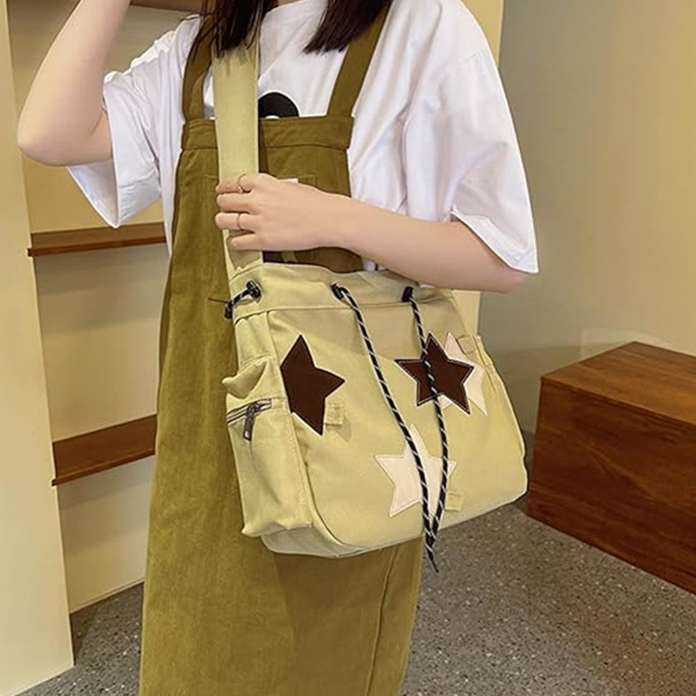 Y2K Star Canvas Messenger Bag Shoulder Travel Crossbody Bag for Women Khaki