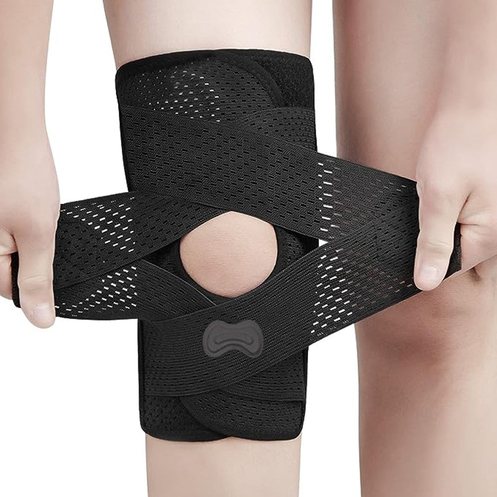 1 Pair Knee Brace with Side Stabilizers Knee Support Guard Strap - Black - L