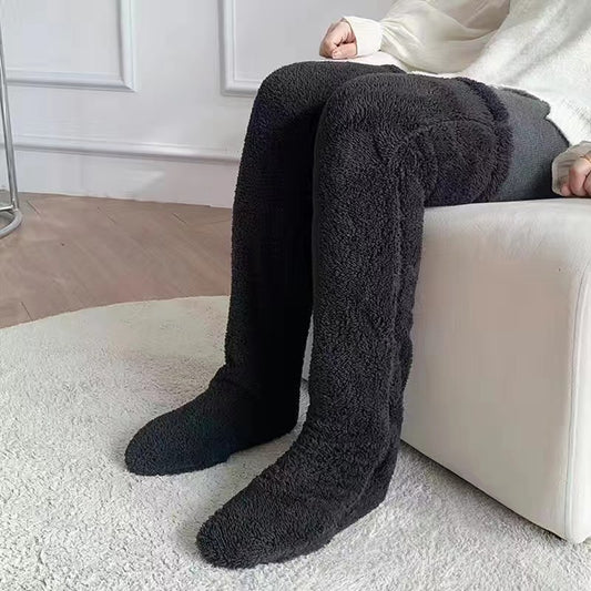 1 Pair of Furry Long Leg Warmer Stockings Plush Socks - Black