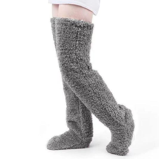 1 Pair of Furry Long Leg Warmer Stockings Plush Socks - Grey