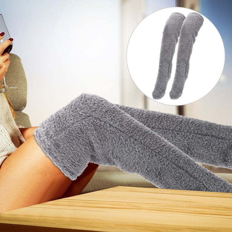 1 Pair of Furry Long Leg Warmer Stockings Plush Socks - Grey