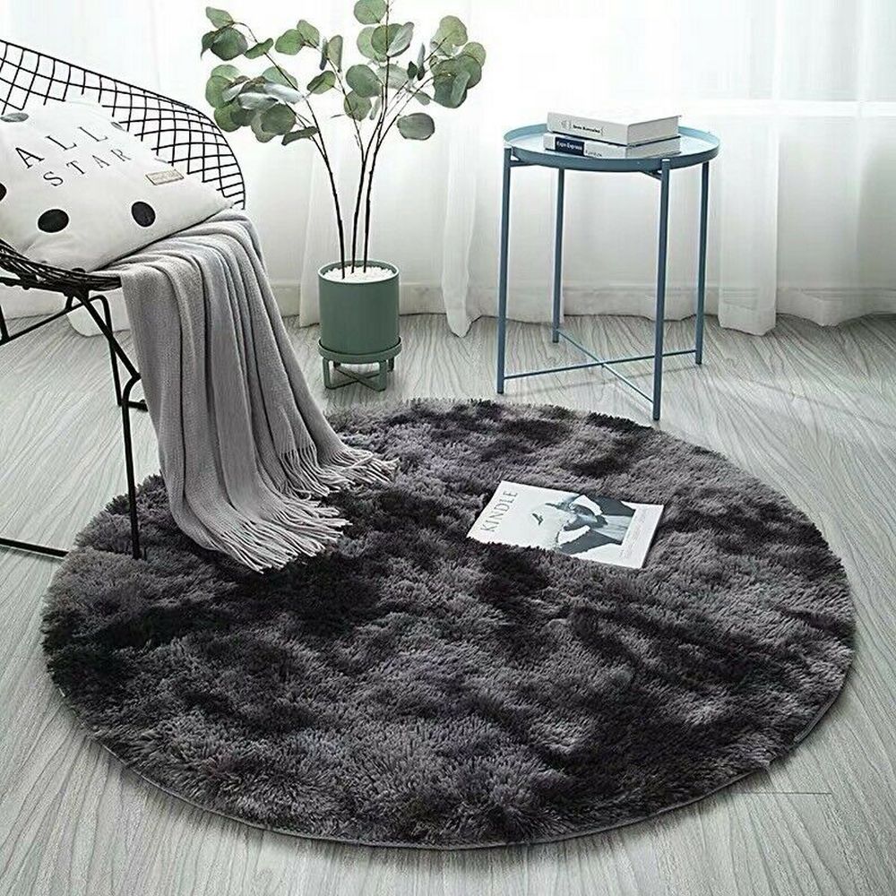 60cm Dyed Shaggy Plush Round Rug Fluffy Carpet Grey