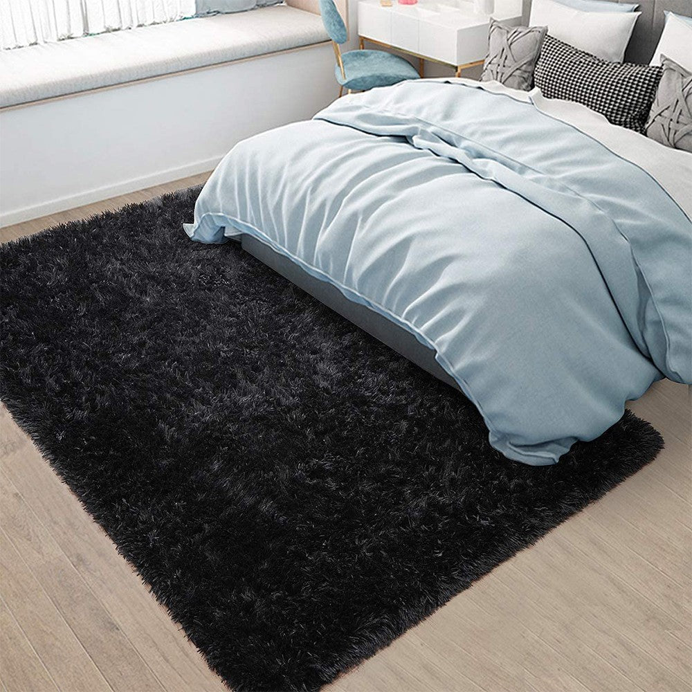 80x160cm Shaggy Fluffy Floor Mat Area Rug Carpet for Bedroom Living Room Black