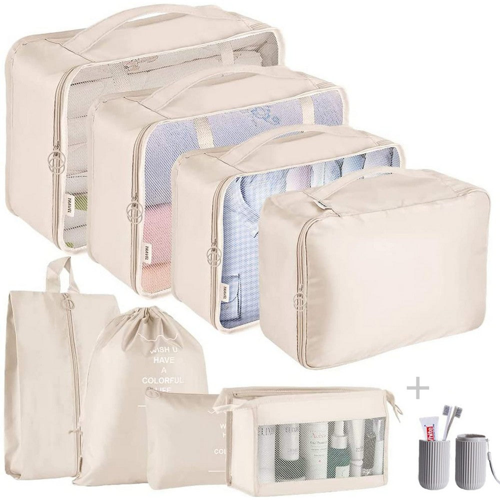 8Pcs Travel Packing Cubes Beige with 1Pc Toothbrush Holder