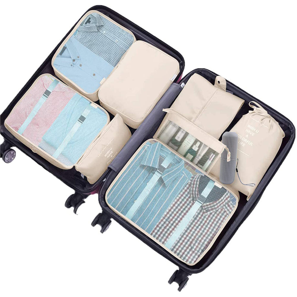 8Pcs Travel Packing Cubes Beige with 1Pc Toothbrush Holder