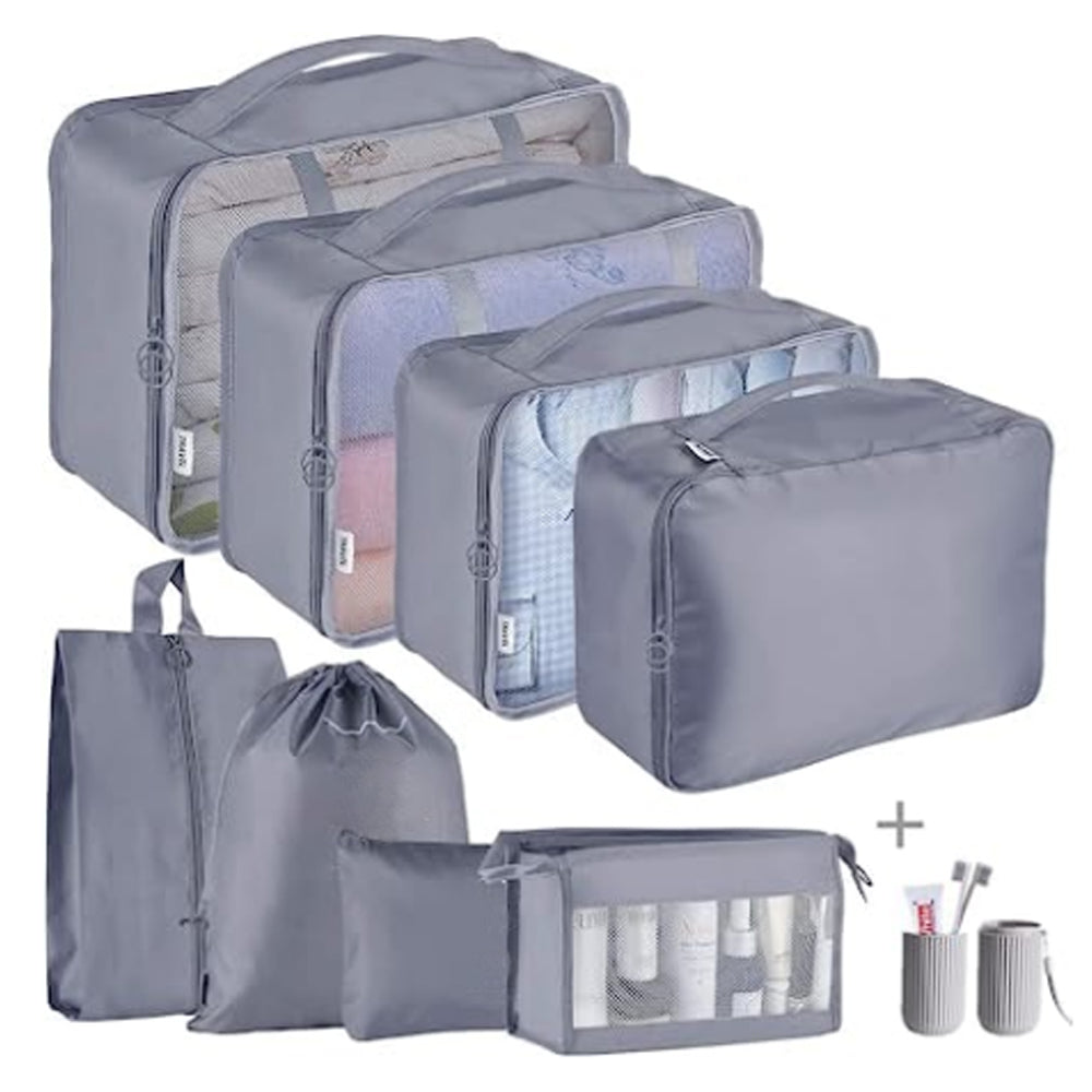 8Pcs Travel Packing Cubes Grey with 1Pc Toothbrush Holder