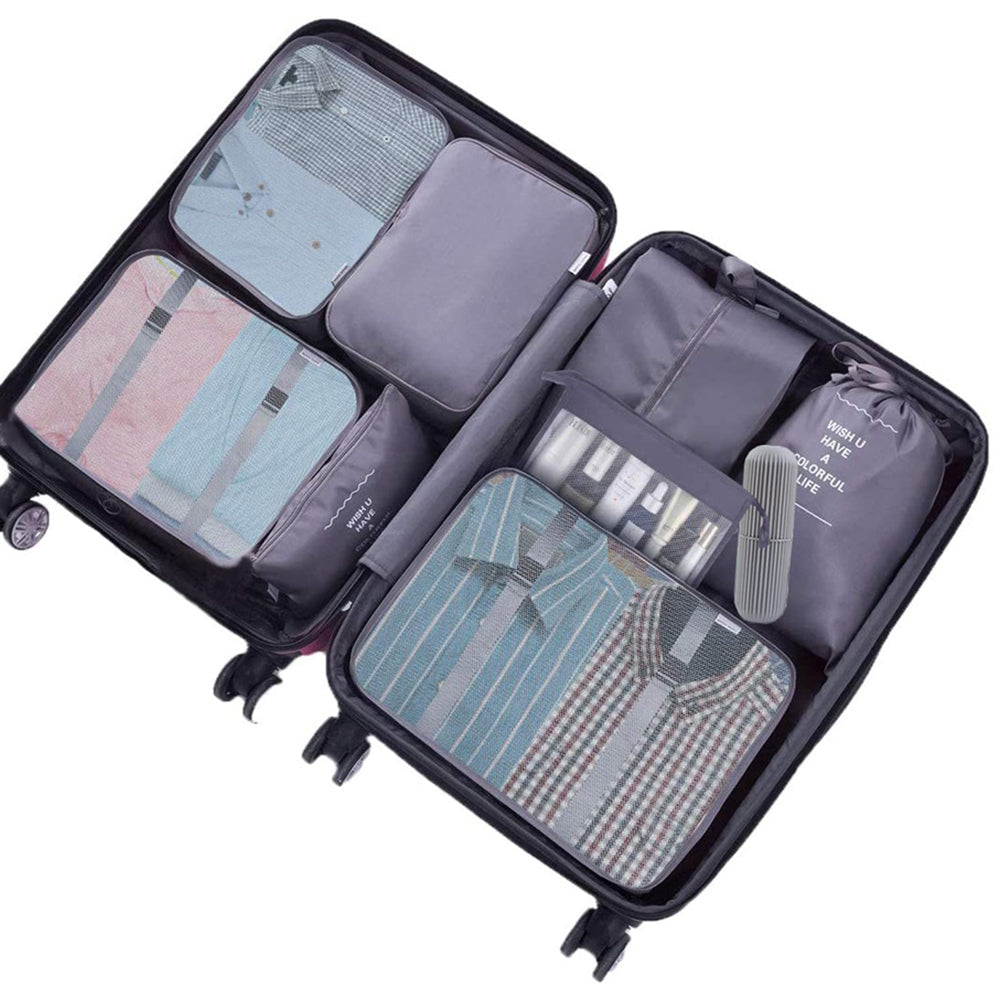 8Pcs Travel Packing Cubes Grey with 1Pc Toothbrush Holder