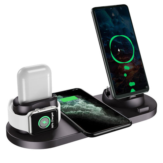 6 in 1 Qi Wireless Fast Charging Station Dock for iPhone iWatch Airpods Black