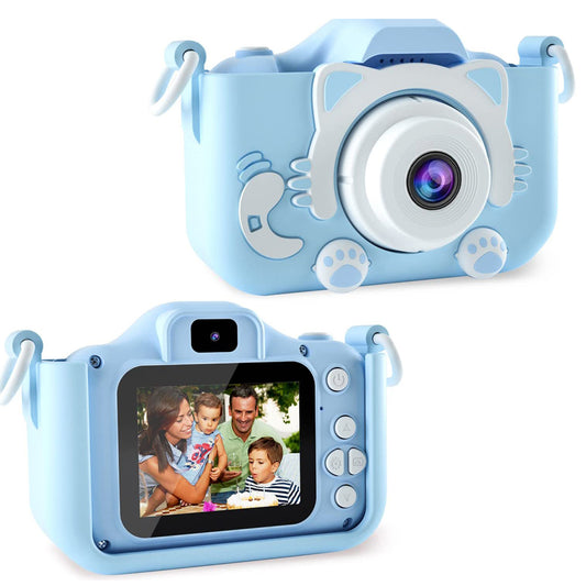 Kids Camera HD 2000W Dual Lens Camera Action Camera Compact Digital Camera Toy Video Camera with 32G Card Blue