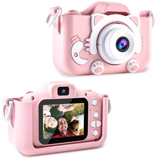 Kids Camera HD 2000W Dual Lens Camera Action Camera Compact Digital Camera Toy Video Camera with 32G Card Pink