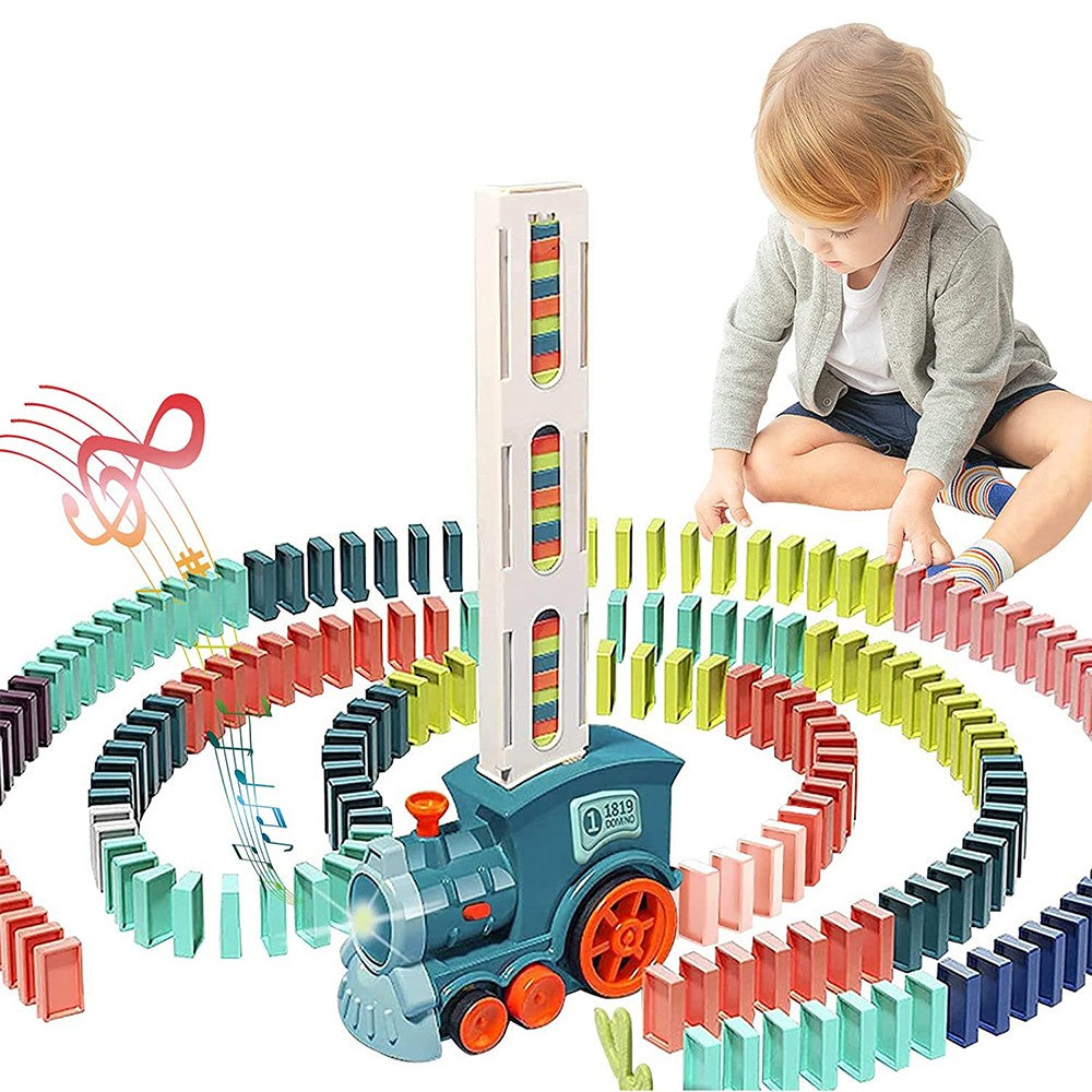 Kids Electric Automatic Domino Train Toy Set with Sound Blue