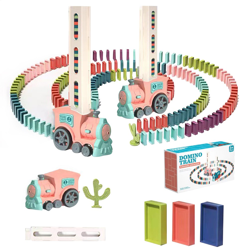 Kids Electric Automatic Domino Train Toy Set with Sound Pink