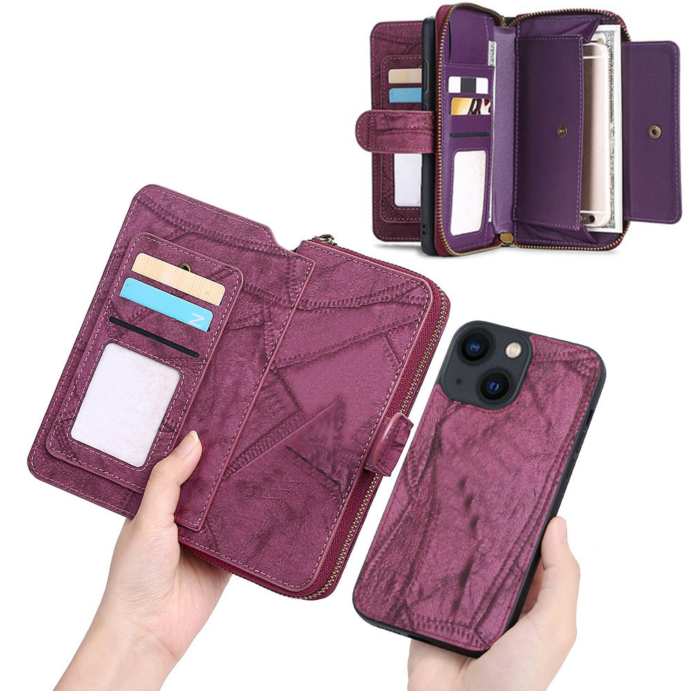 for iPhone 14 plus Detachable Flip Phone Wallet Case with Card Holder Wine Red