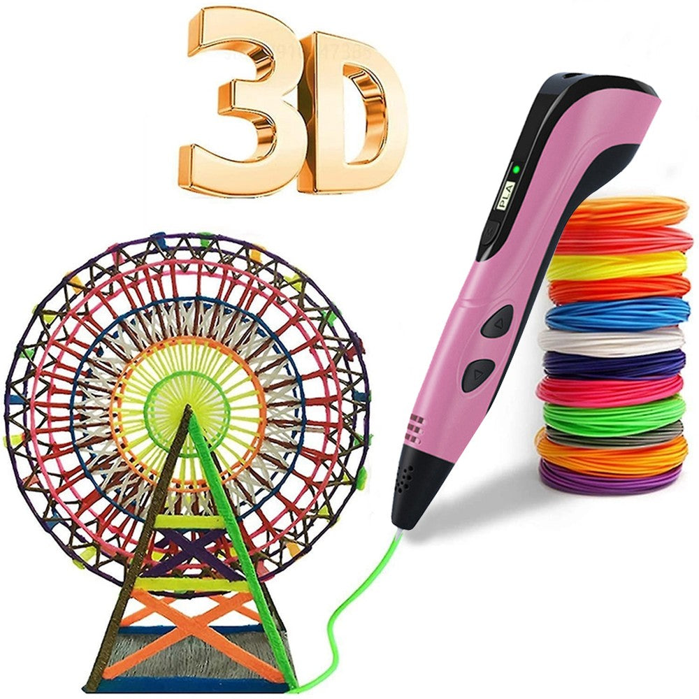 Kid 3D Printing Pen and 13 Rolls PLA Filament Set Children DIY Drawing Pen Pink