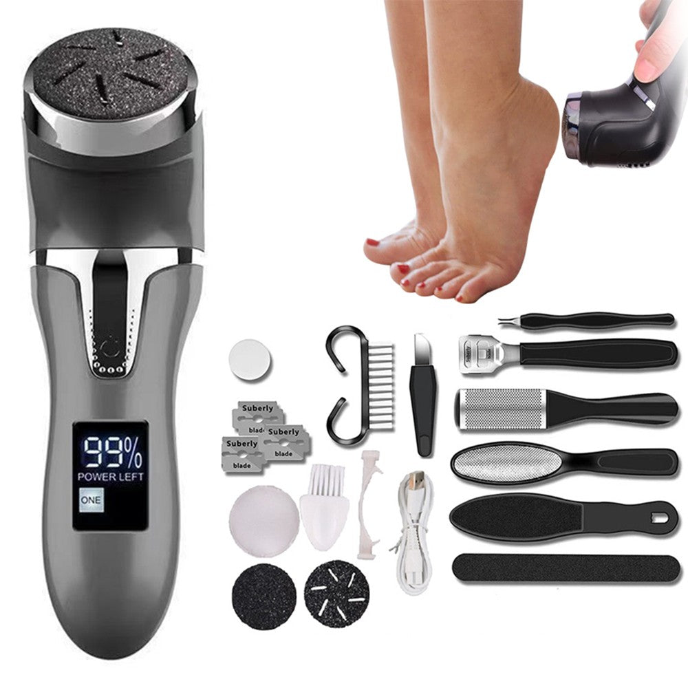 Black Electric Foot File Callus Remover LCD Display with 2 Grinding Heads and 10 Pedicure Tools Kit