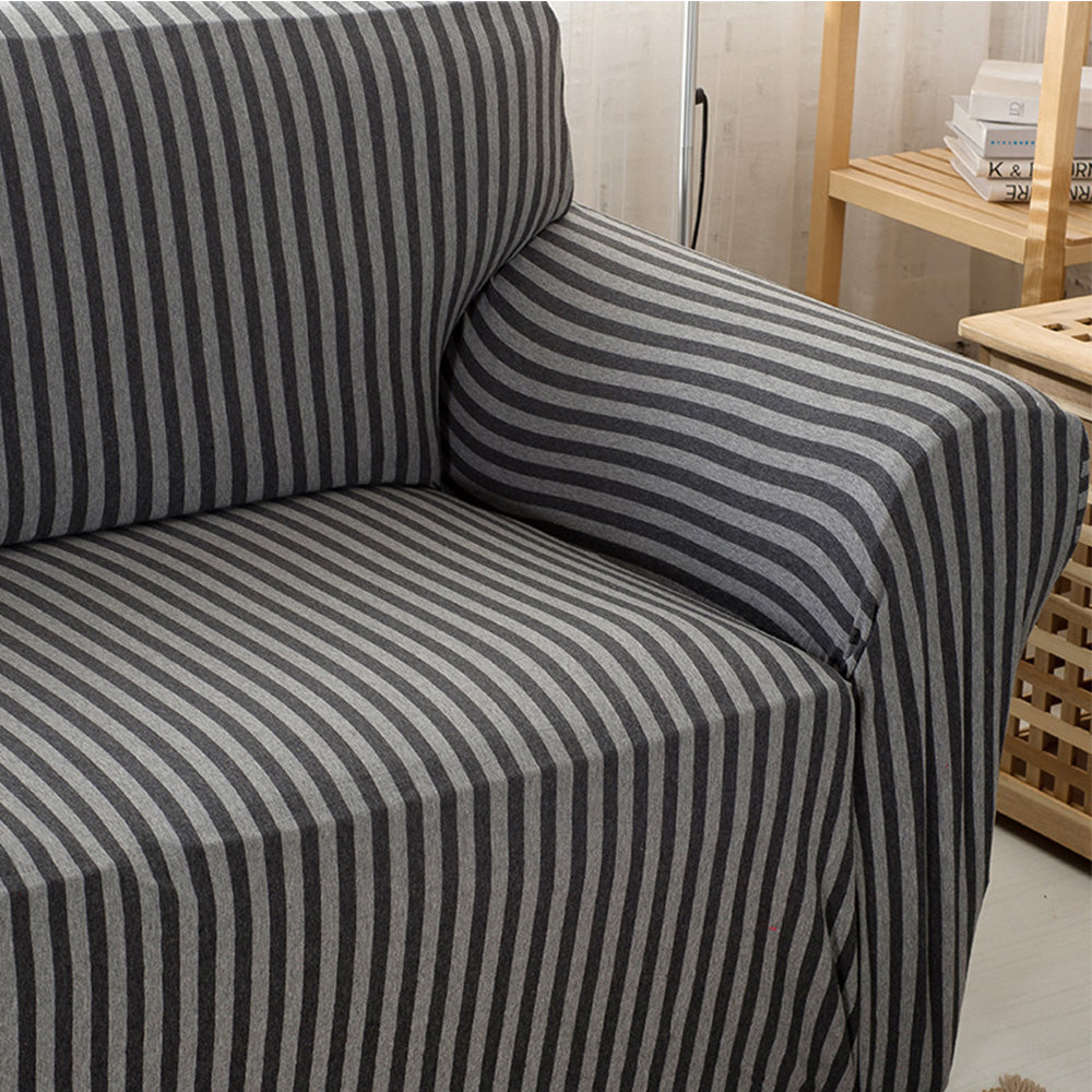 Double Seater Home Form-Fitting Elastic Cotton Sofa Cover - Grey Stripe