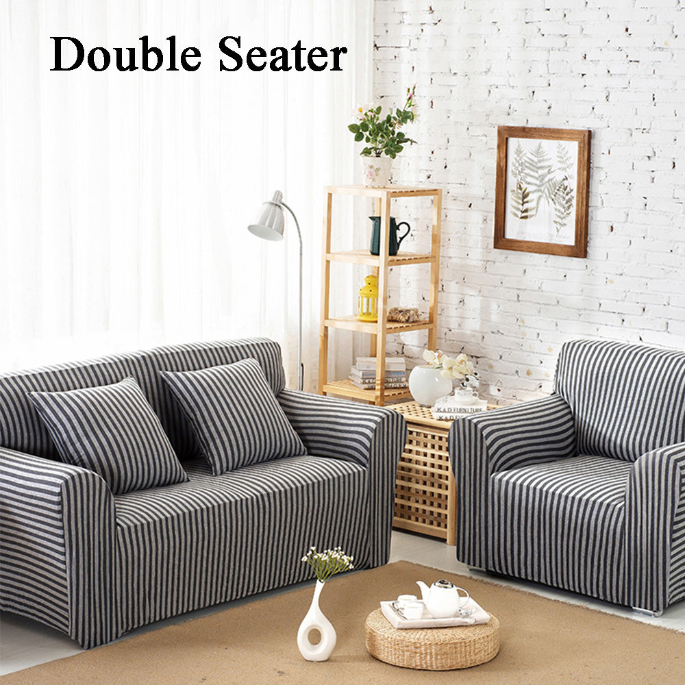 Double Seater Home Form-Fitting Elastic Cotton Sofa Cover - Grey Stripe