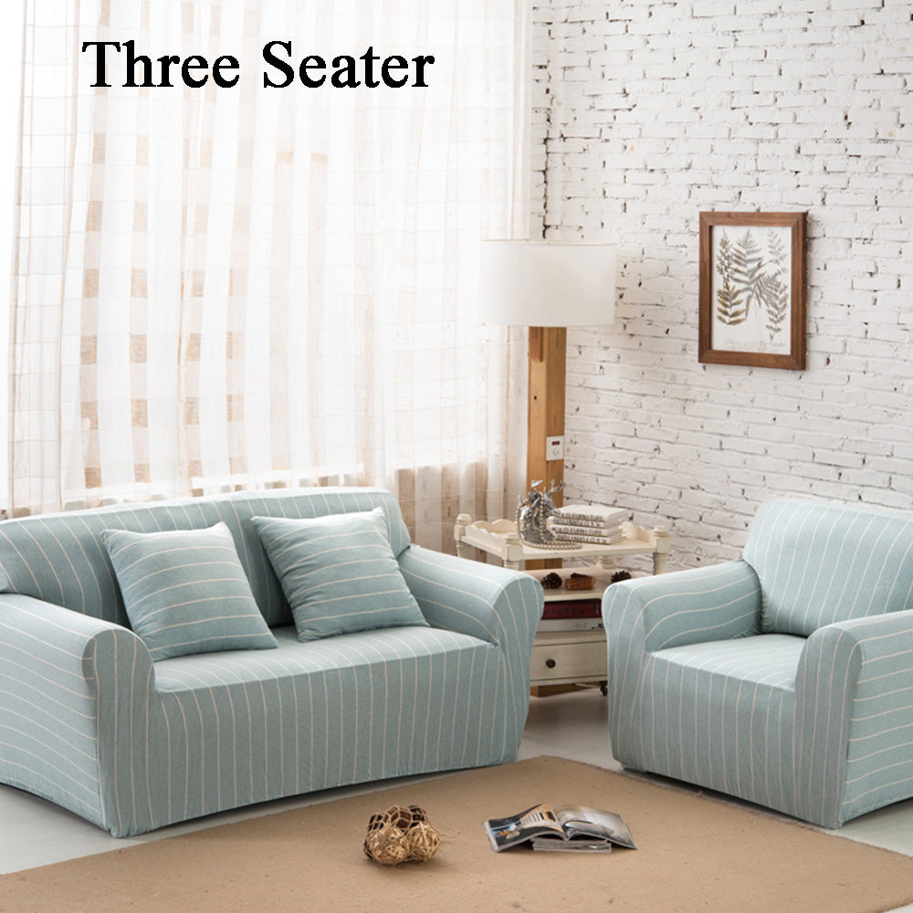 Three Seater Home Form-Fitting Elastic Cotton Sofa Cover - Light Blue Stripe