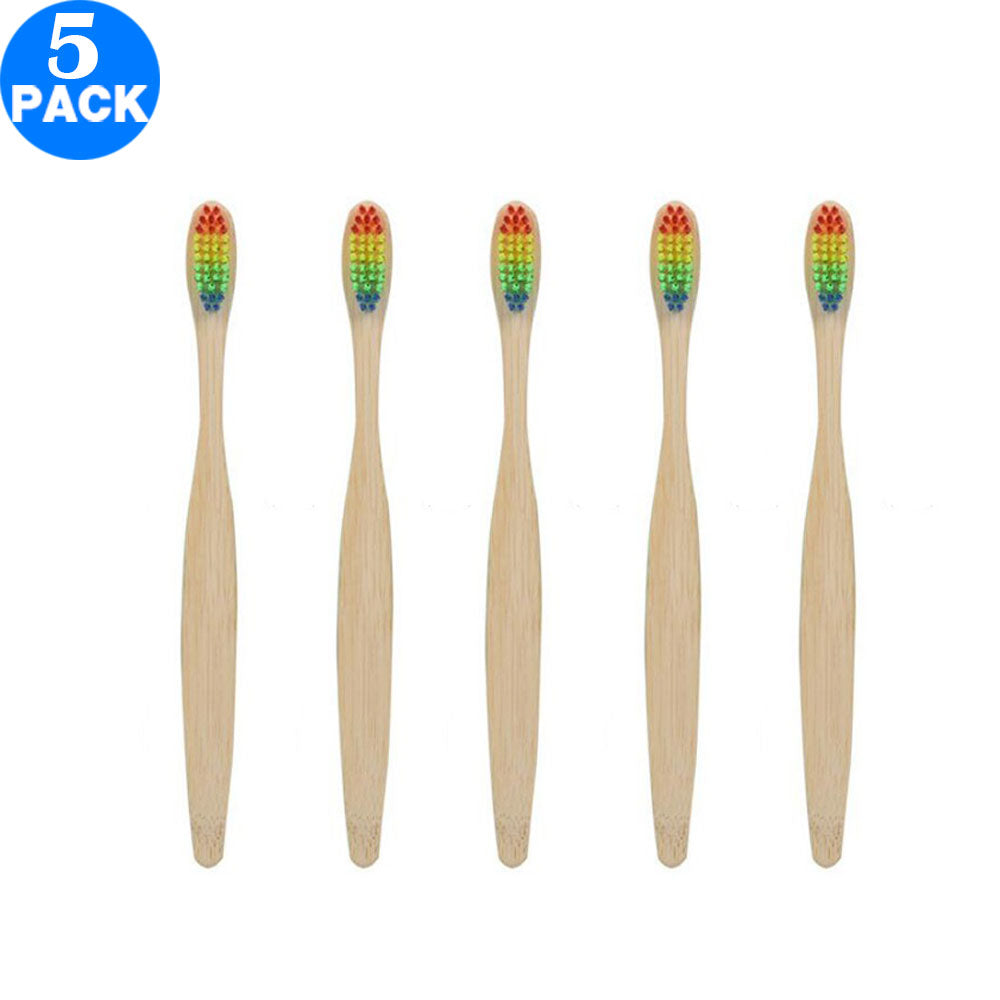 5 X Bamboo Toothbrushes with Rainbow Bristles