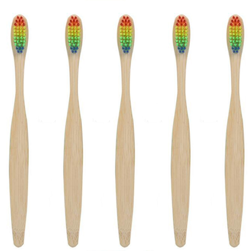 5 X Bamboo Toothbrushes with Rainbow Bristles