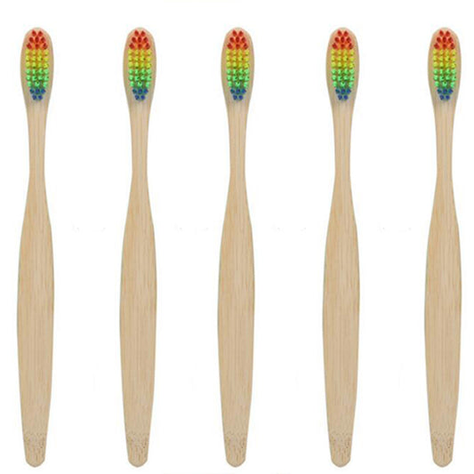 5 X Bamboo Toothbrushes with Rainbow Bristles