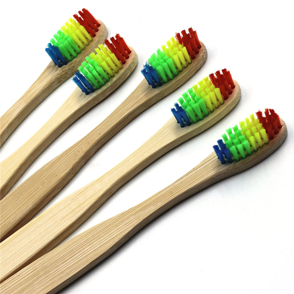 5 X Bamboo Toothbrushes with Rainbow Bristles