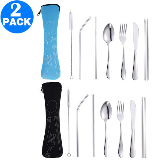 2 Pack 7Pcs Travel Utensils with Case Black and Blue