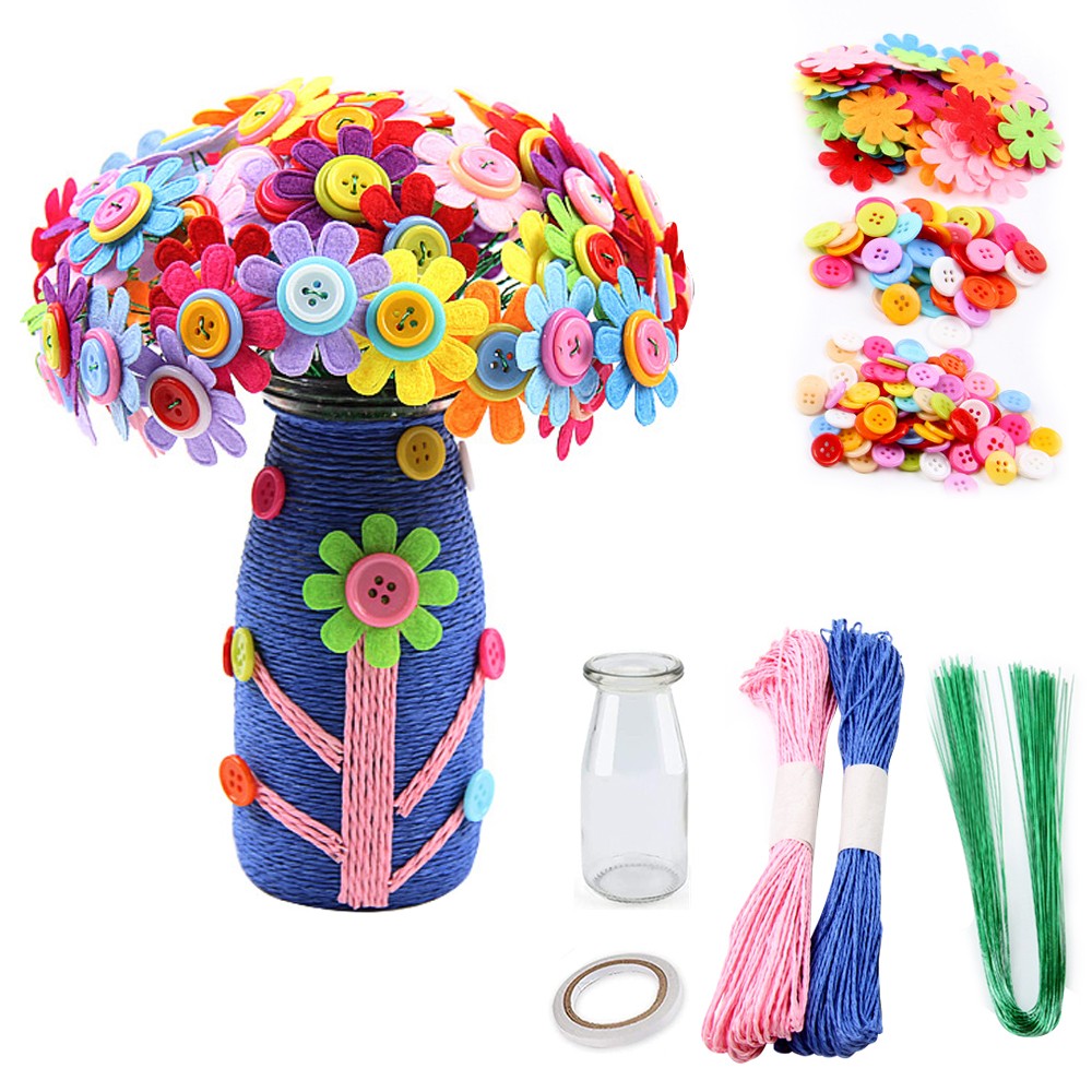 Kids DIY Sunflower Flower Bouquet Craft Kit with Buttons Vase and Felt Flower