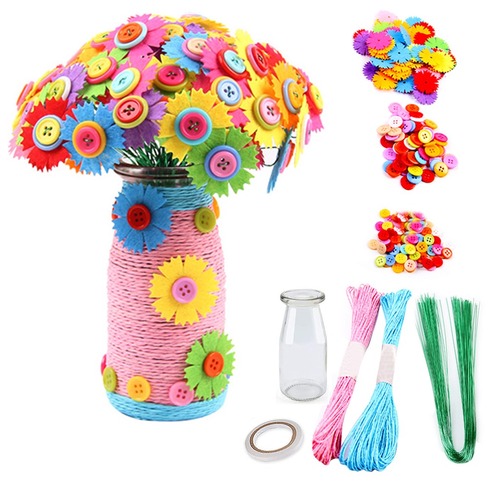 Kids DIY Carnation Flower Bouquet Craft Kit with Buttons Vase and Felt Flower