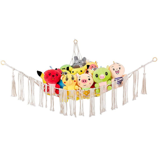 Boho Plush Toy Hammock Kids Room Toys Hanging Storage Net with White Tassel