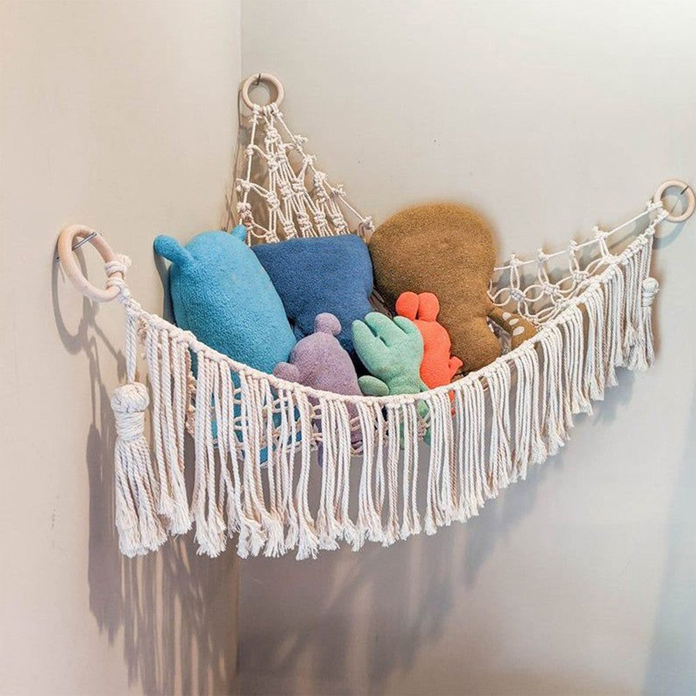 Boho Plush Toy Hammock Kids Room Toys Hanging Storage Net with White Tassel