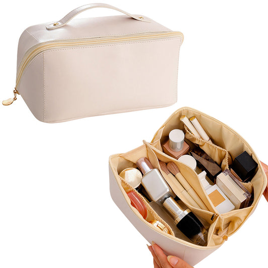 Travel Cosmetic Bag Large Capacity Makeup Brushes Bag Jewelry Organizer Beige