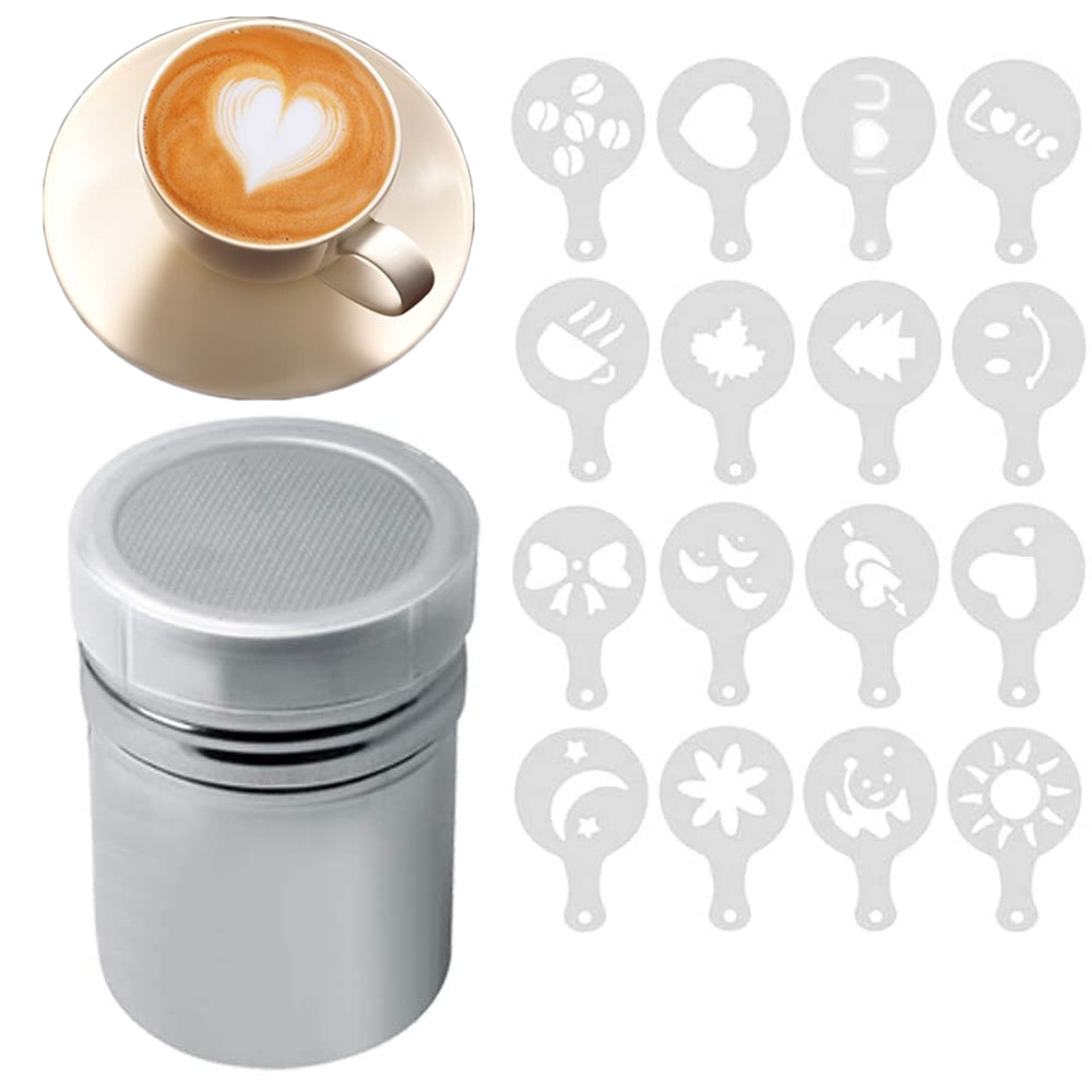 17Pcs Powder Shaker Sugar Shaker Coffee Latte Art Stencils Set