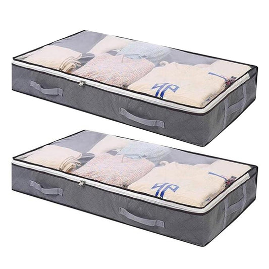 2 X Foldable Under Bed Clothes Storage Bag Blanket Organizer Containers Grey