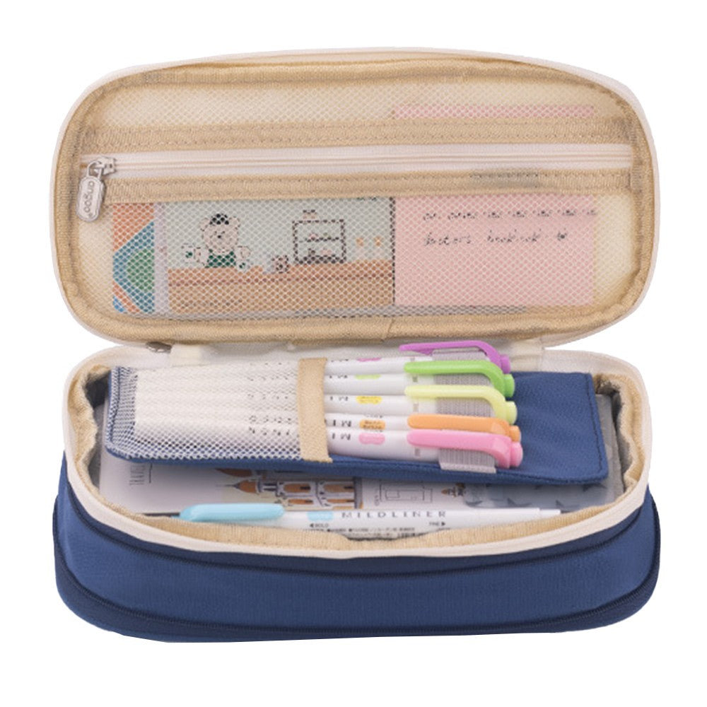 Large Capacity Canvas Pencil Case Pen Pouch Storage Bag Navy Blue