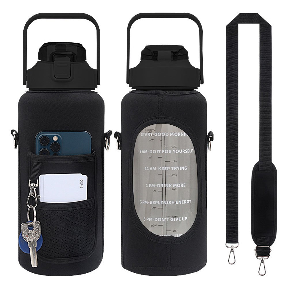 2L Black Gym Water Bottle and Water Bottle Carrier Bag Kit Drinking Water Bottle with Time Marker