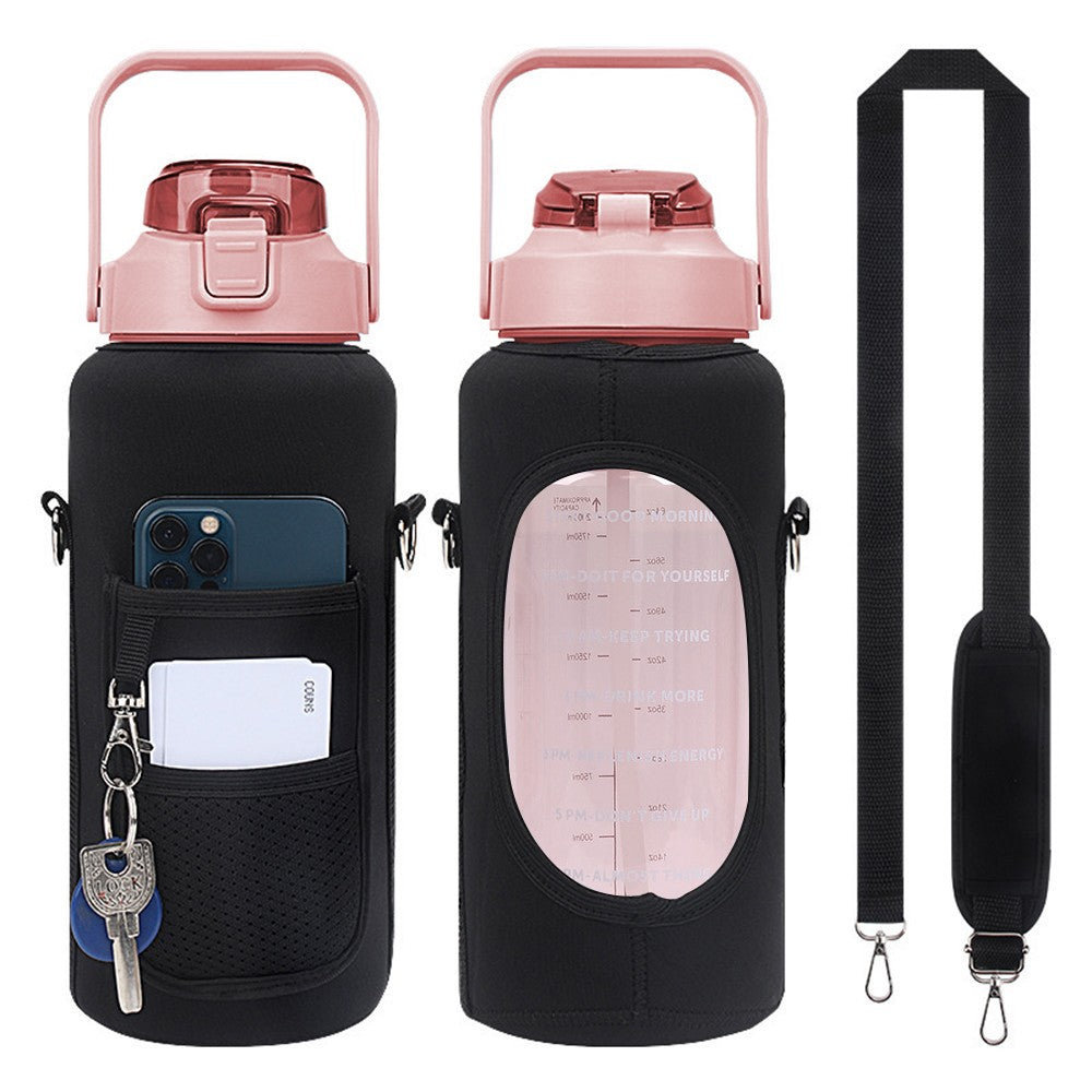 2L Pink Gym Water Bottle and Water Bottle Carrier Bag Kit Drinking Water Bottle with Time Marker