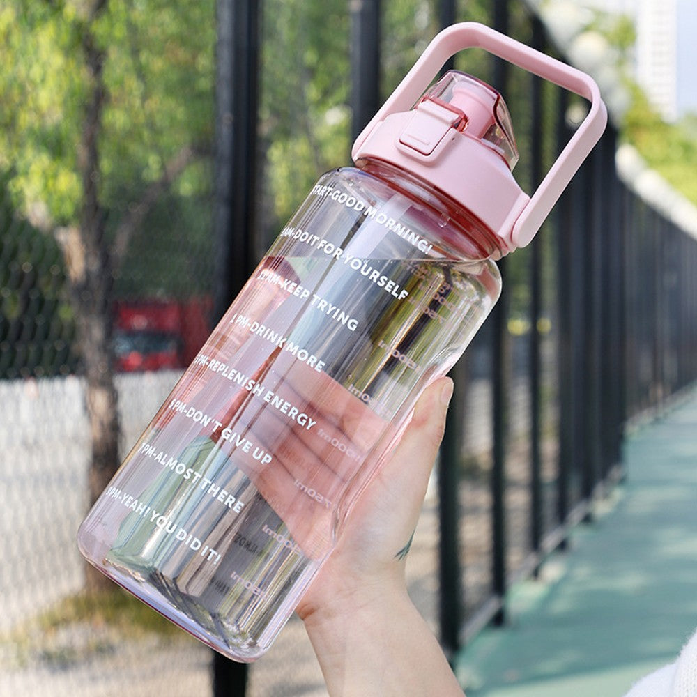 2L Pink Gym Water Bottle and Water Bottle Carrier Bag Kit Drinking Water Bottle with Time Marker