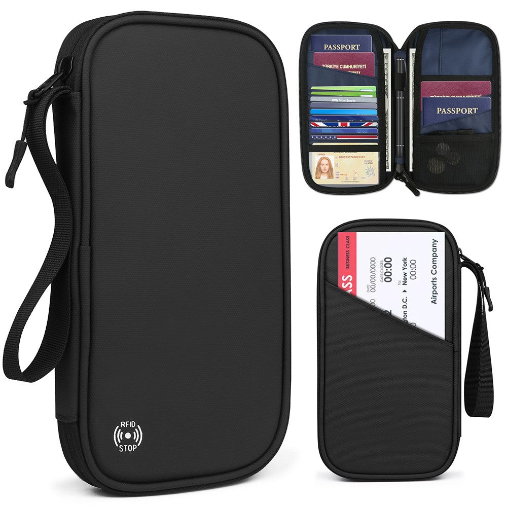 RFID Travel Passport Holder Water Resistant Portable Passport Card Bag Wallet Coin Bag Black