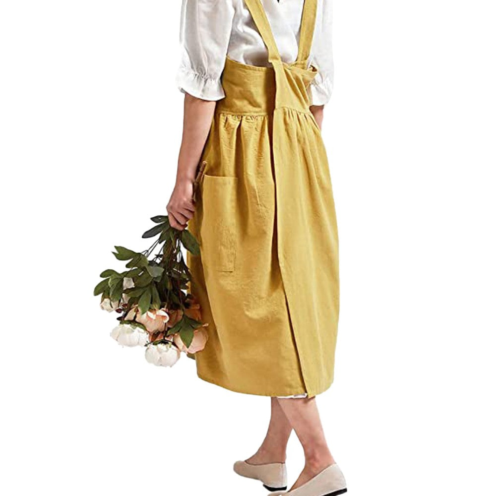 Yellow Cotton Linen Aprons Cross Back Apron with Pockets for Kitchen Flower Shop