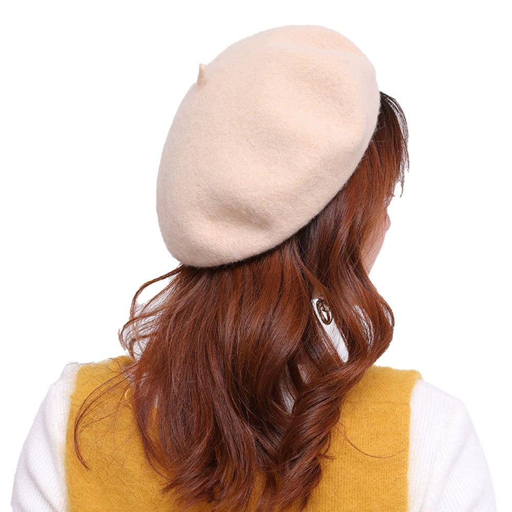 Womens Winter Wool Beret Hat Classic French Style Beanie Cap Solid Color Beret Cap Beige